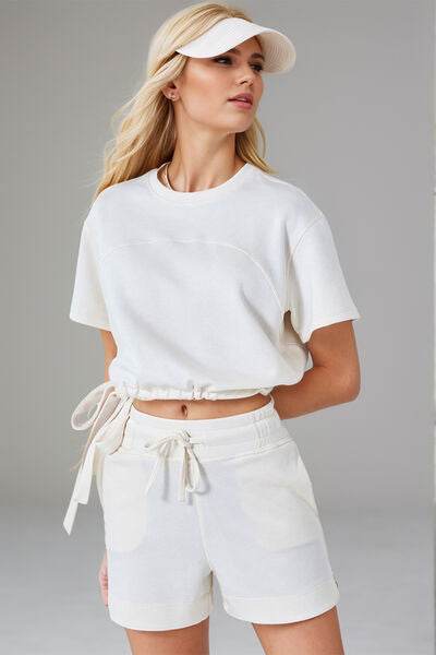 Basic Bae Drawstring Hem Air Scuba Round Neck Short Sleeve T-Shirt - Hovatok