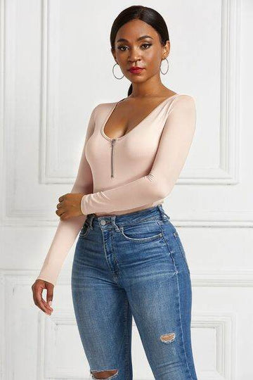 Half Zip Scoop Neck Long Sleeve Bodysuit - Hovatok