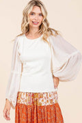 Mittoshop Mixed Media Textured Knit Chiffon Long Sleeve Top - Hovatok
