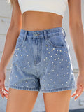Rhinestone Washed High Waist Denim Shorts - Hovatok