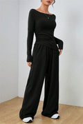 Boat Neck Long Sleeve Top and Pants Set - Hovatok