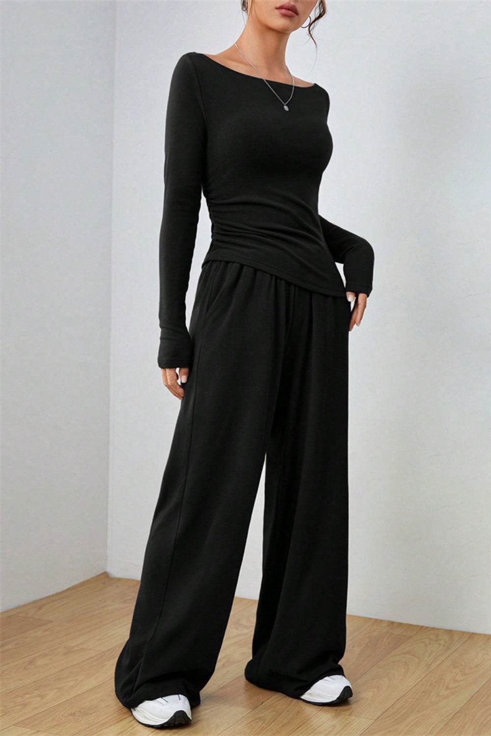 Boat Neck Long Sleeve Top and Pants Set - Hovatok