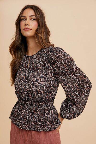 Annie Wear Abstract Print Balloon Sleeve Peplum Blouse - Hovatok