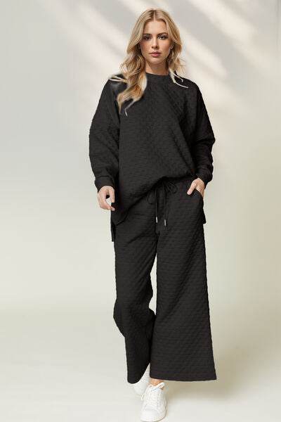Double Take Checkered Slit High-Low Round Neck Top and Wide Leg Pants Set - Hovatok