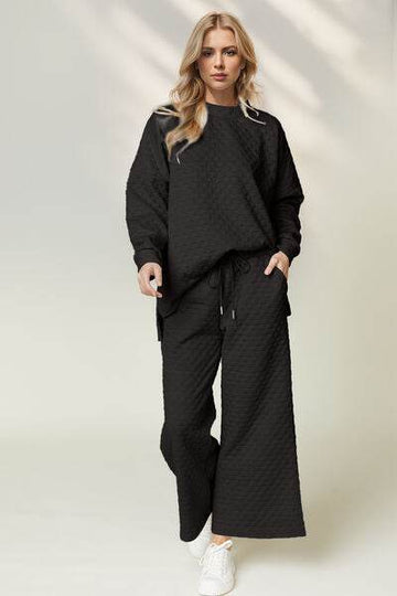 Double Take Checkered Slit High-Low Round Neck Top and Wide Leg Pants Set - Hovatok