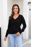 Angel Wings Ribbed V-Neck Dropped Shoulder Knit Top - Hovatok