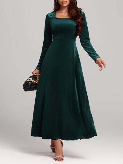 Square Neck Long Sleeve Velvet Dress - Hovatok