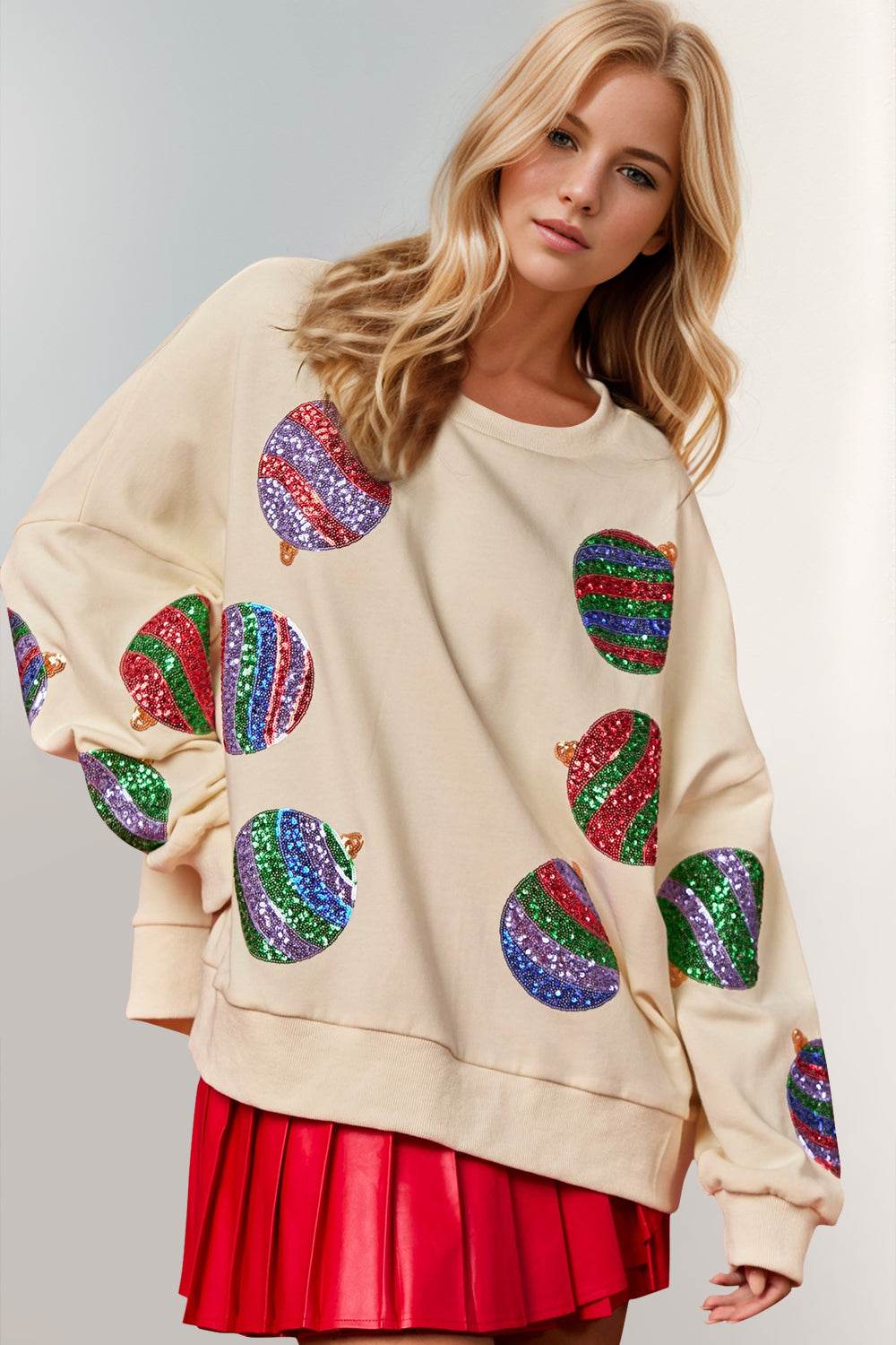 Double Take Christmas Element Sequin Round Neck Long Sleeve Sweatshirt - Hovatok