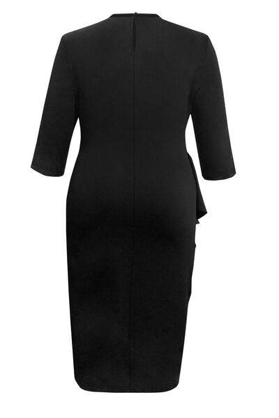 Plus Size Ruffle Trim Round Neck Long Sleeve Dress - Hovatok