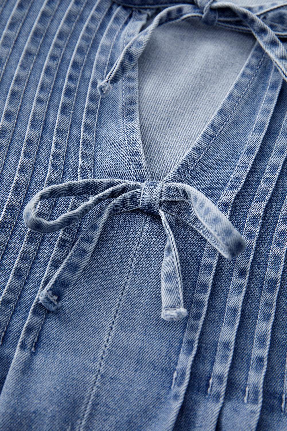 Bow Tie Long Sleeve Denim Top - Hovatok