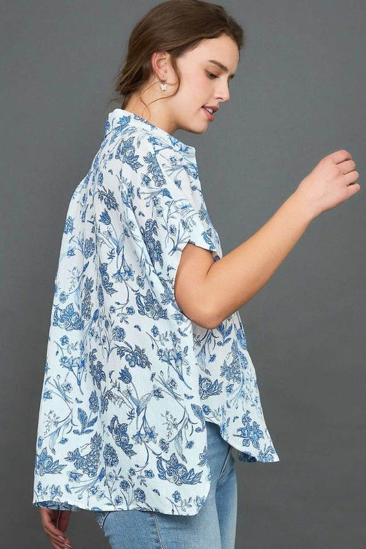 Umgee Full Size Two Tone Floral Print Top Plus Size - Hovatok