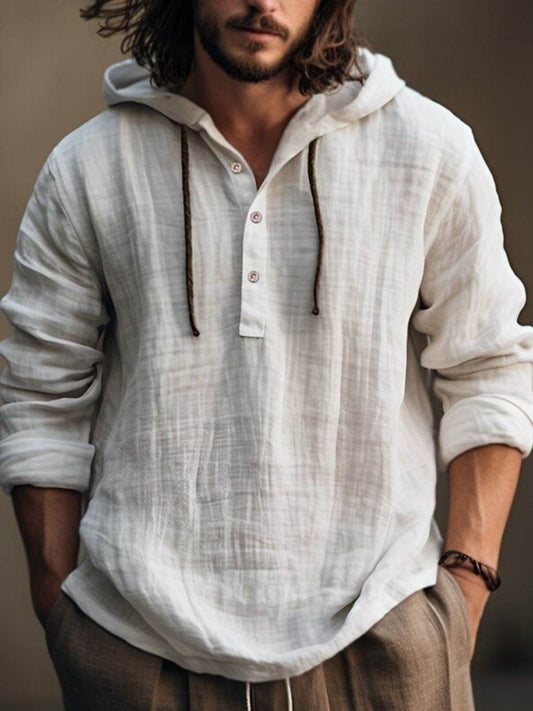 Men's Full Size Half Button Long Sleeve Hoodie - Hovatok