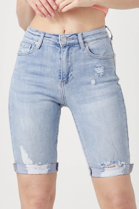 RISEN High Rise Distressed Denim Bermuda Shorts - Hovatok