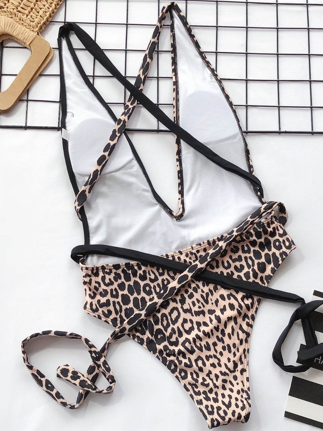 Tied Leopard Plunge One-Piece Swimwear - Hovatok
