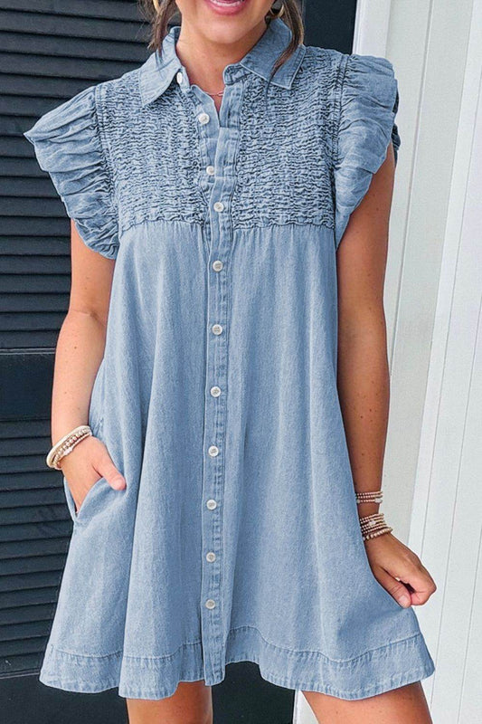 Smocked Collared Neck Cap Sleeve Denim Dress - Hovatok