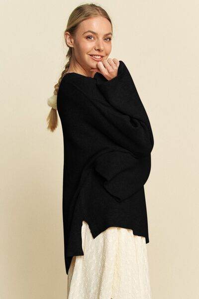 Davi & Dani High-Low Round Neck Drop Shoulder Sweater - Hovatok