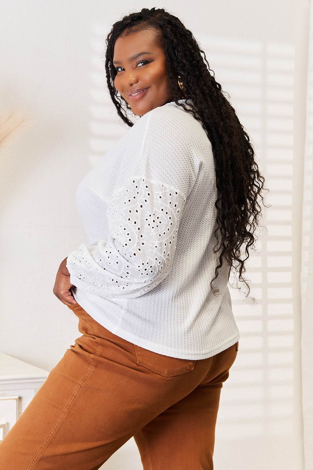 Shiny Eyelet Dropped Shoulder Round Neck Blouse - Hovatok