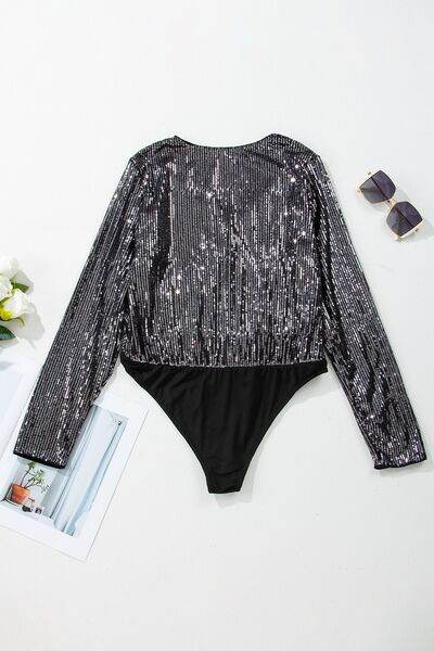 Sequin Surplice Long Sleeve Bodysuit - Hovatok