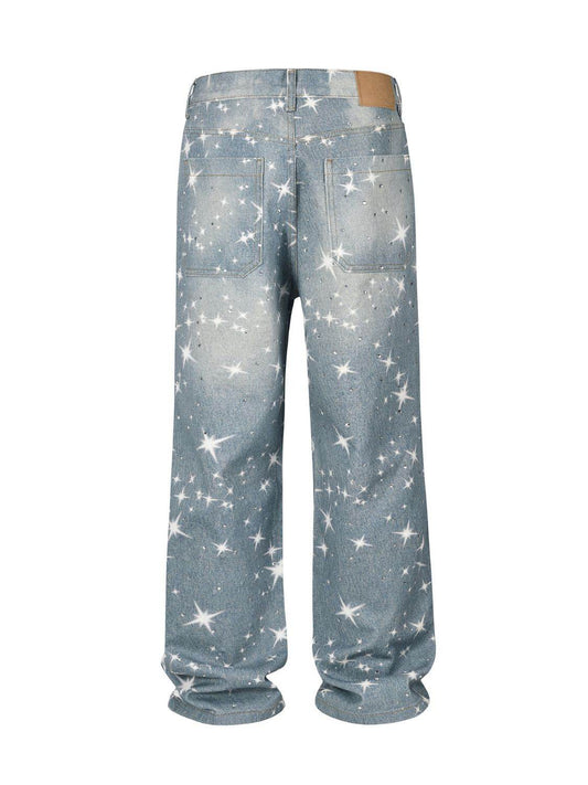 Washed Rhinestone Star Print Jeans - Hovatok