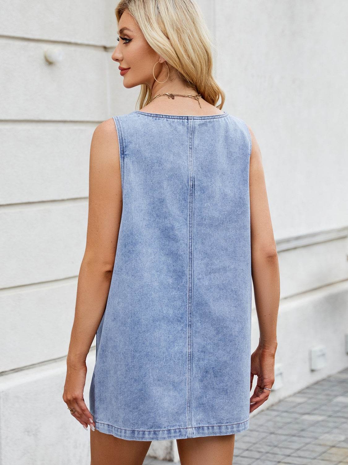 Scoop Neck Wide Strap Denim Dress - Hovatok