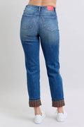 Judy Blue Full Size Plaid Print Cuff Straight Leg Jeans with Pockets - Hovatok