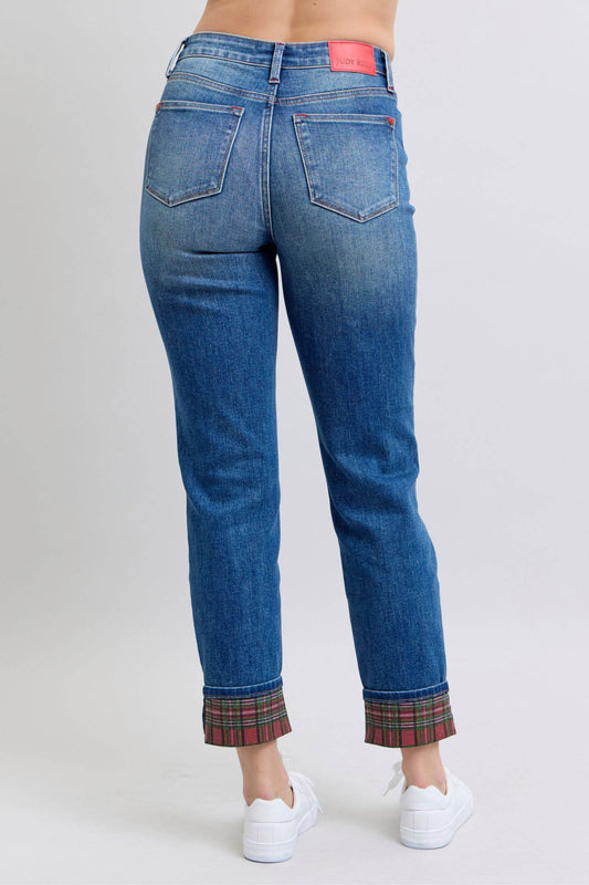 Judy Blue Full Size Plaid Print Cuff Straight Leg Jeans with Pockets - Hovatok