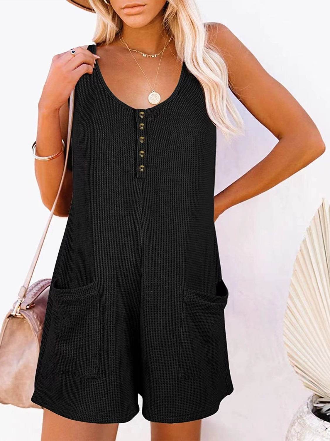 Full Size Pocketed Scoop Neck Sleeveless Romper - Hovatok