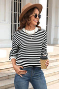 Angel Wings Striped Round Neck Dropped Shoulder Sweater - Hovatok