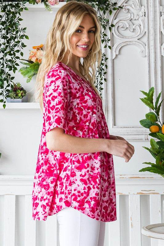 Heimish Full Size Short Sleeve Crisscross Animal Babydoll Top Plus Size - Hovatok