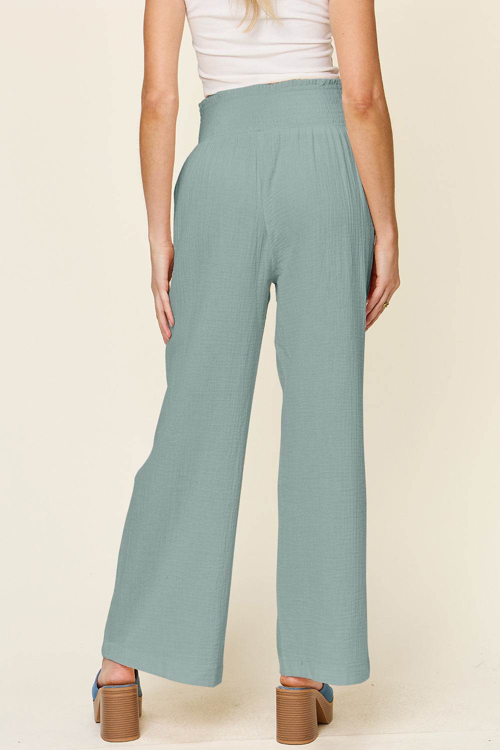 Double Take Full Size Texture Smocked Waist Wide Leg Pants - Hovatok