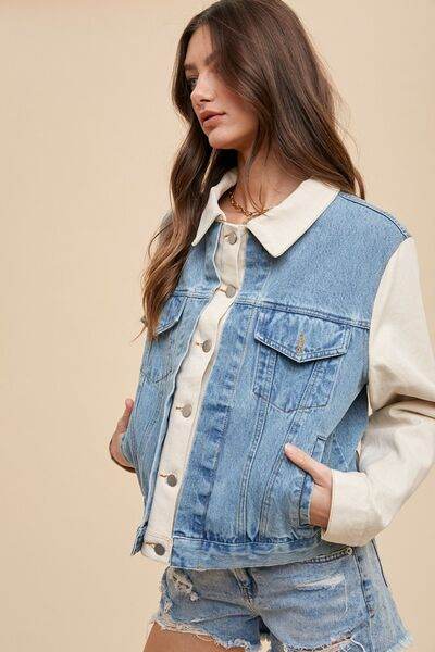 Annie Wear Collared Neck Double Placket Denim Jacket - Hovatok