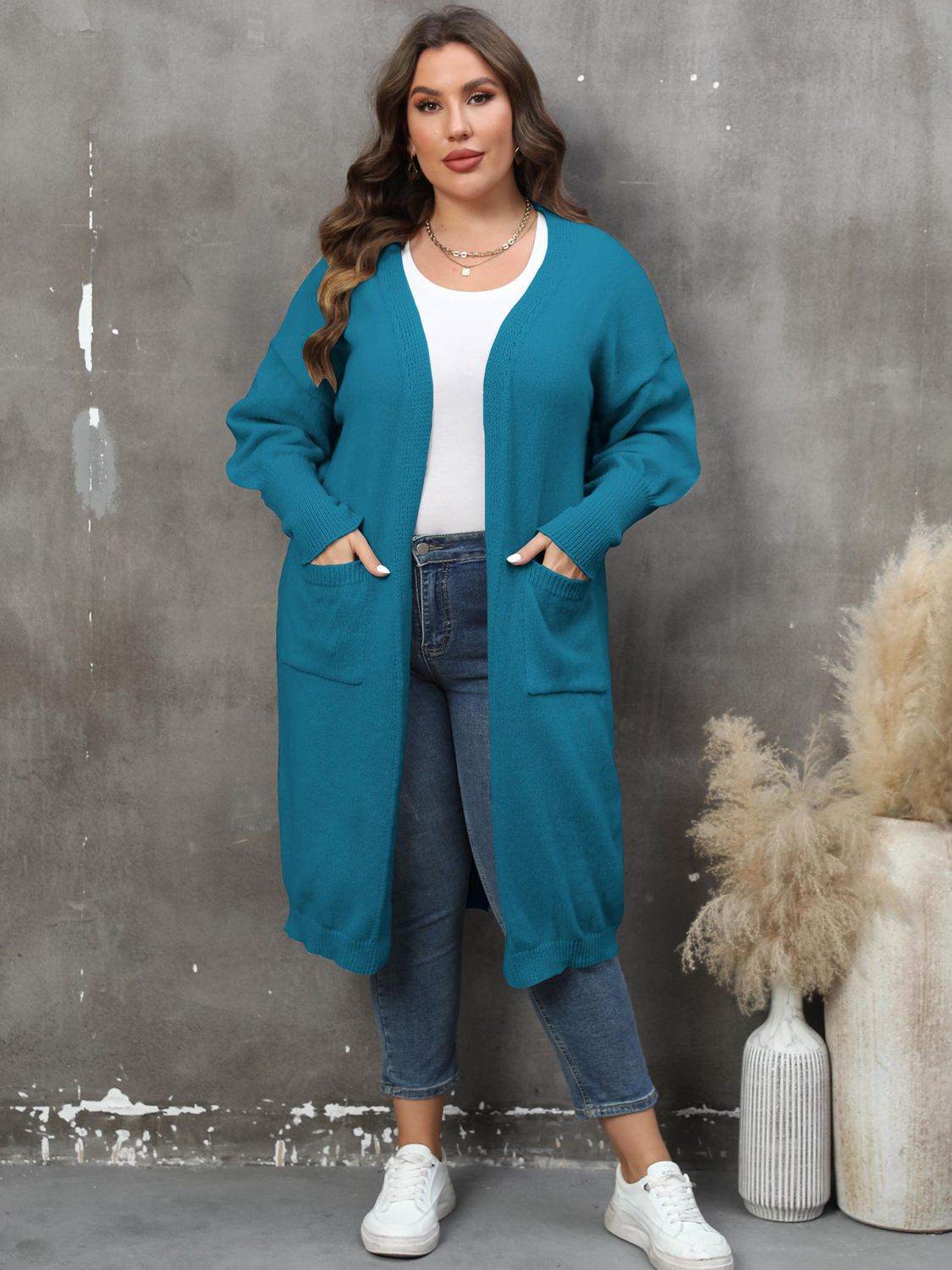 Plus Size Long Sleeve Pocketed Cardigan - Hovatok