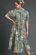 Umgee Full Size Printed Smocked Cuff Puff Sleeve Midi Dress Plus Size - Hovatok