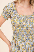 Mittoshop Flower Print Puff Sleeve Gathered Maxi Dress - Hovatok