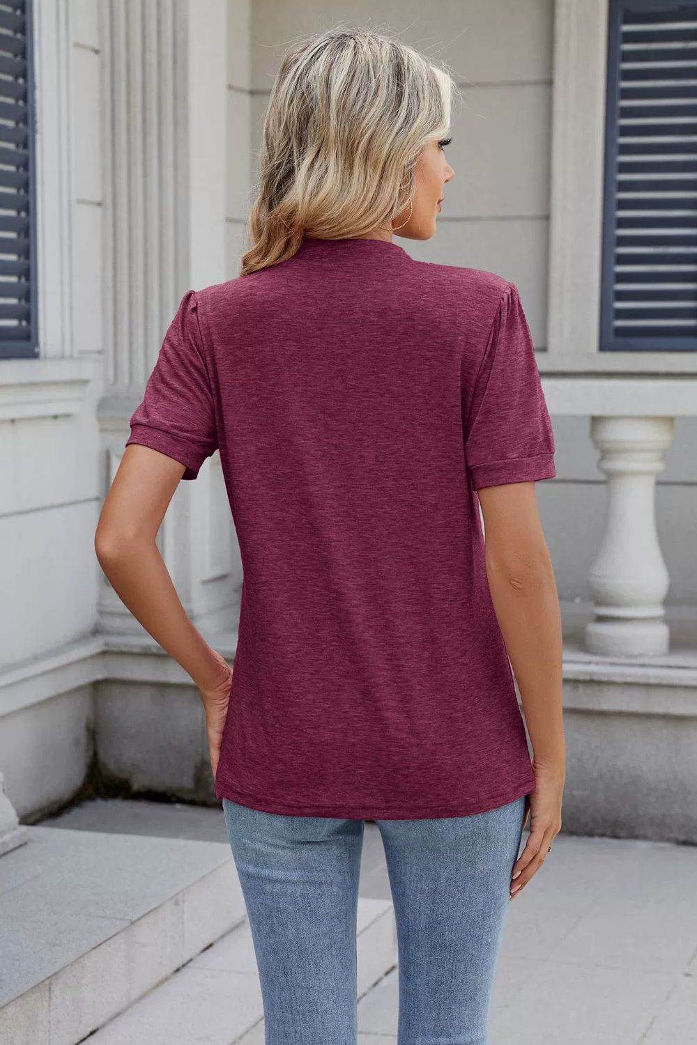 Notched Short Sleeve Solid Color Top - Hovatok