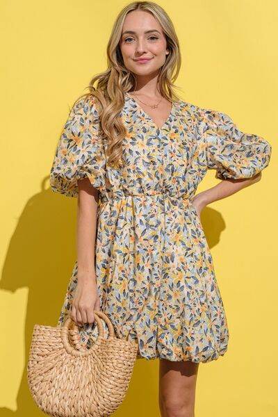 And The Why Full Size Floral Surplice Puff Sleeve Dress - Hovatok
