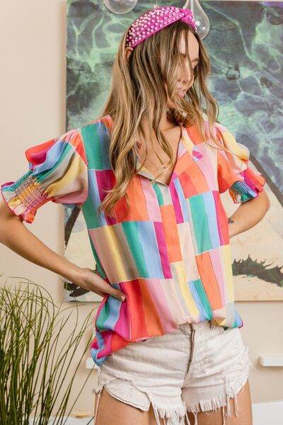 BiBi Color Block Smocked Short Sleeve Blouse - Hovatok