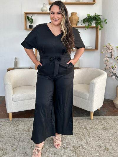 Double Take Full Size V-Neck Tied Side Slit Jumpsuit - Hovatok