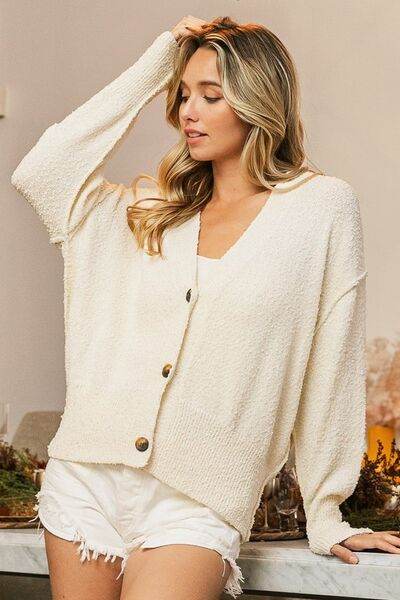 BiBi V-Neck Button Up Dropped Shoulder Cardigan - Hovatok