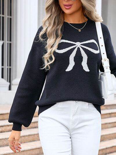 Angel Wings Bow Graphic Round Neck Long Sleeve Sweater - Hovatok