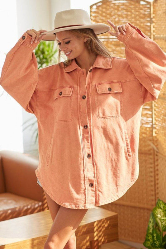 BiBi Washed Button Up Shacket with Chest Pockets - Hovatok