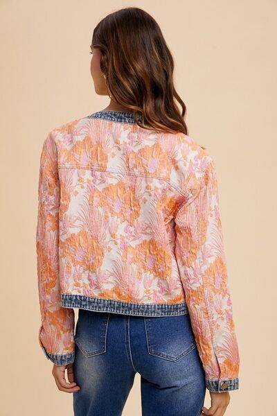 Annie Wear Floral Jacquard Denim Contrast Button Down Jacket - Hovatok
