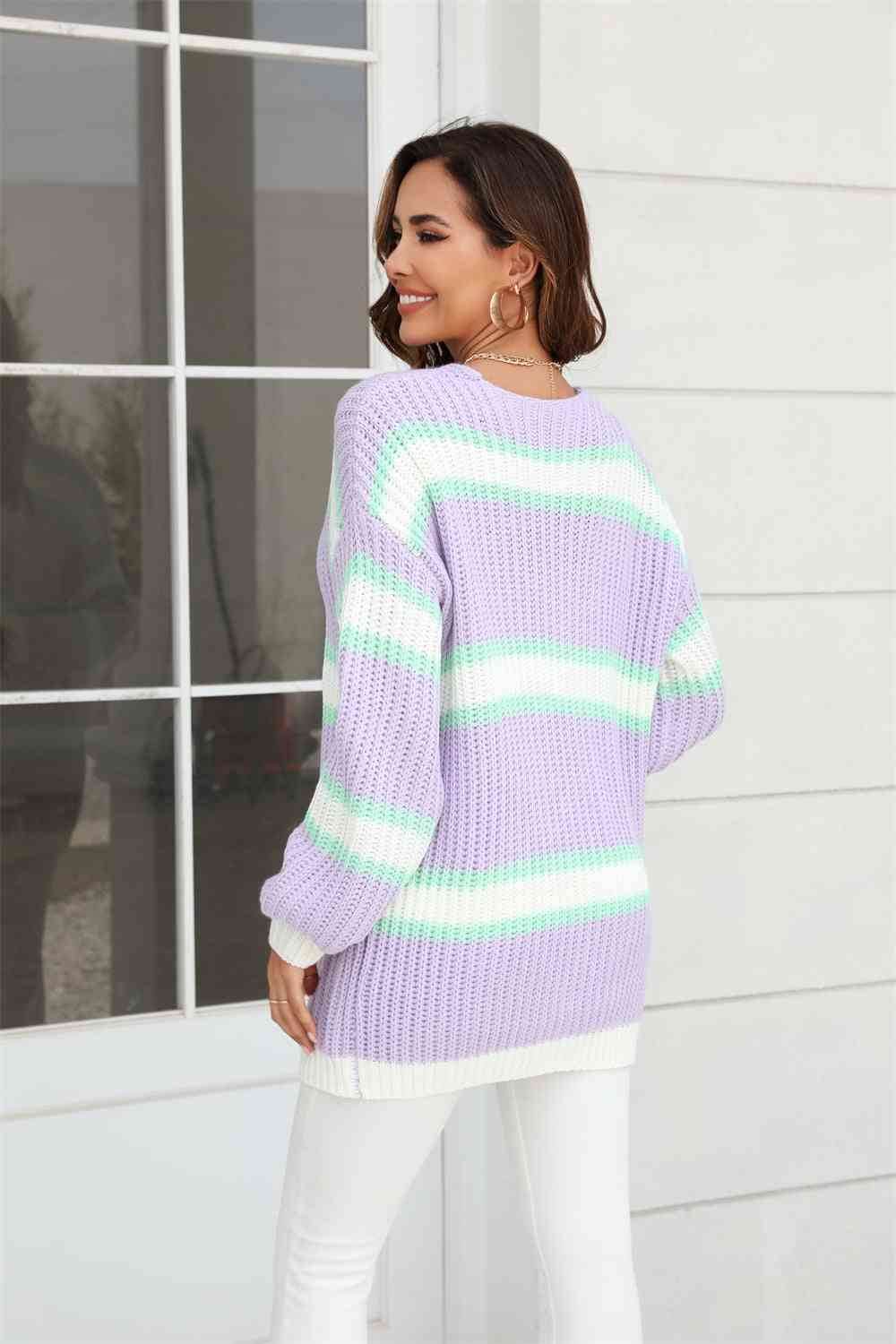 Angel Wings Color Block Ribbed Dropped Shoulder Open Front Cardigan - Hovatok