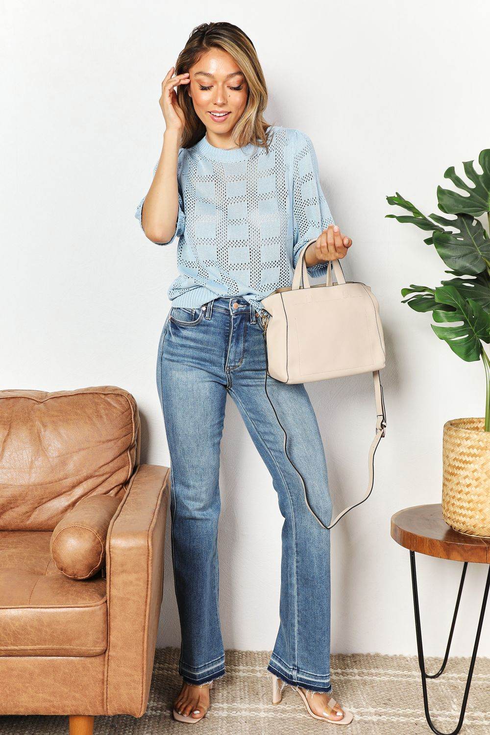 Mandy Ribbed Trim Round Neck Knit Top - Hovatok