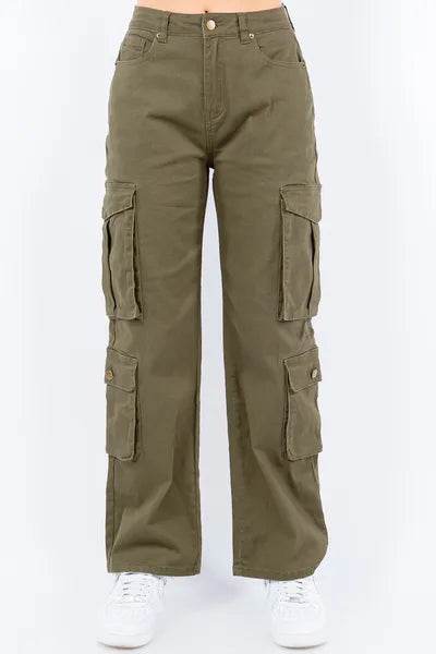 American Bazi Full Size Button Waist High Rise Cargo Pants Plus Size - Hovatok