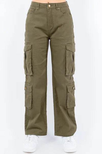 American Bazi Full Size Button Waist High Rise Cargo Pants Plus Size - Hovatok