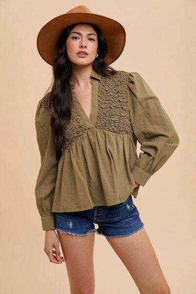 Annie Wear Smocked Front Long Sleeve Babydoll Blouse - Hovatok