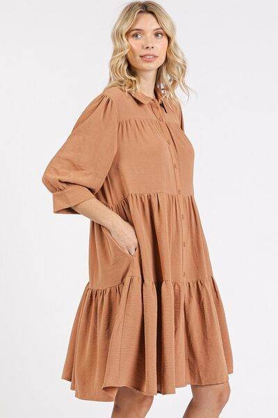 Mittoshop Button Detail Collared Neck Tiered Shirt Dress - Hovatok