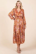 Mittoshop Flower Print Satin Lurex Stripe Smocked Midi Dress - Hovatok