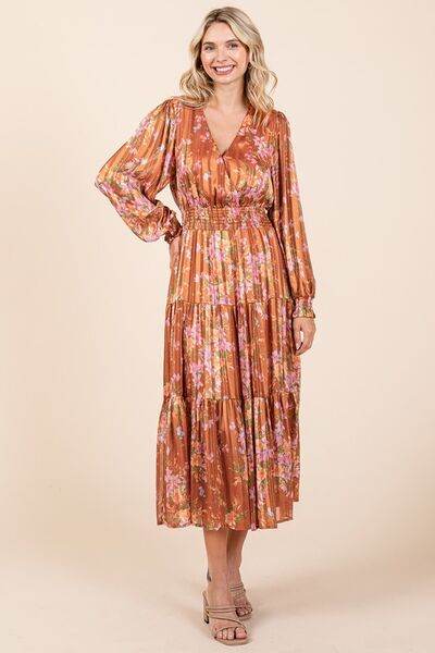 Mittoshop Flower Print Satin Lurex Stripe Smocked Midi Dress - Hovatok